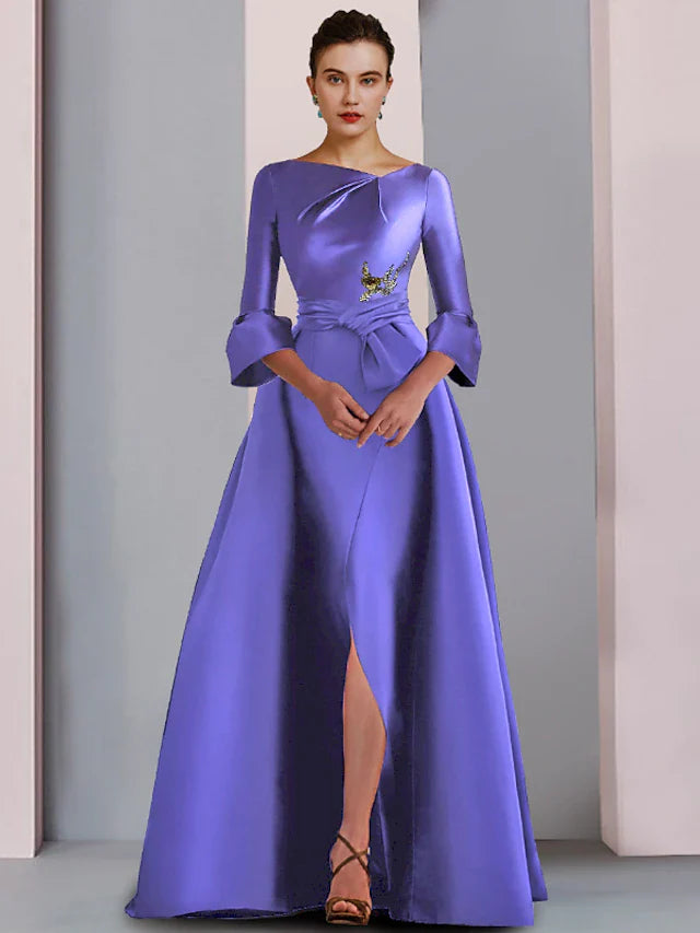 Wholesale A-Line Mother of the Bride Dress Formal Party Elegant Scoop Neck Floor Length Satin 3/4 Length Sleeve with Bow(s) Pleats Embroidery